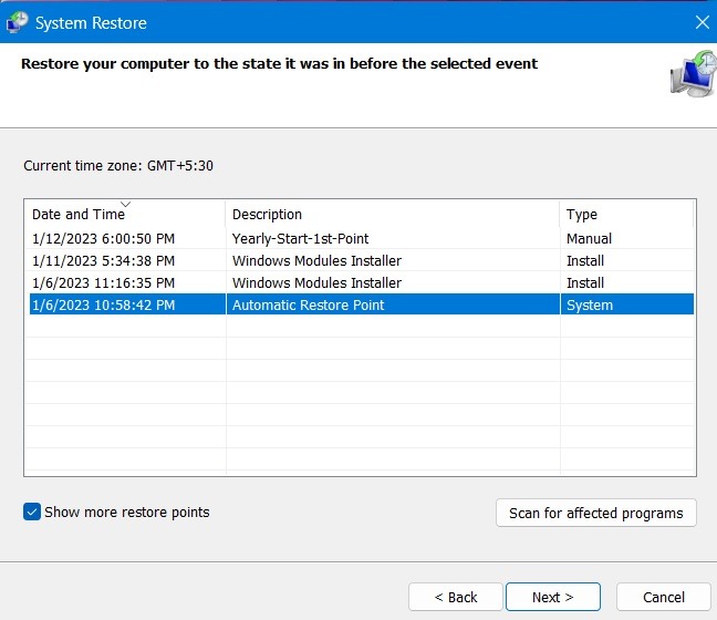 System Restore Windows Automatic Restore Point Selected