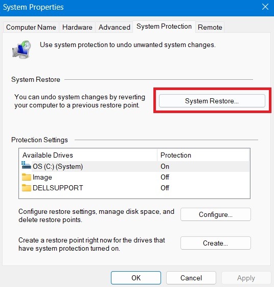 System Restore Windows Click System Restore Button