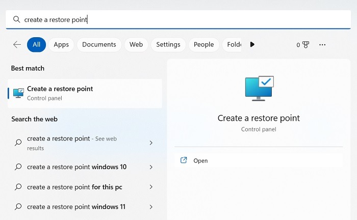 System Restore Windows Create A Restore Point Start Menu Search