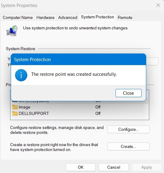 System Restore Windows Restore Point Was Created Successfully Message