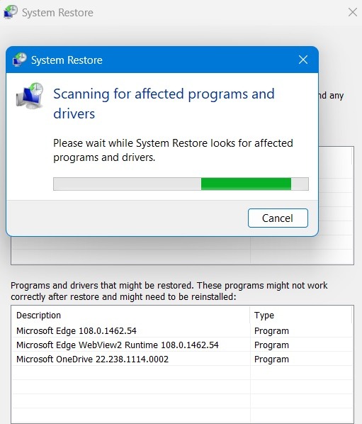 System Restore Windows Scan For Affected Programs