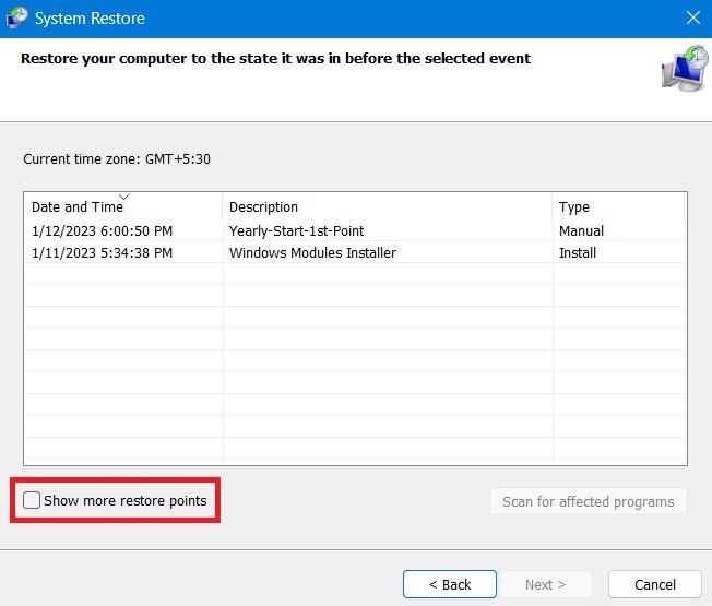 System Restore Windows Show More Restore Points