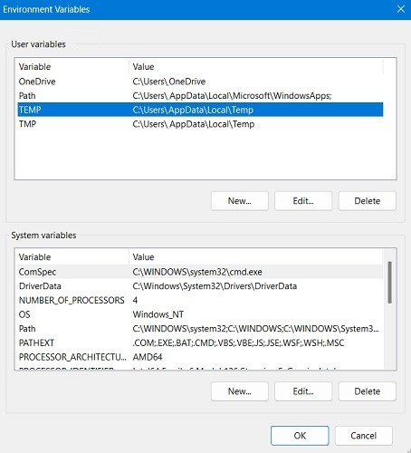 Temp and Tmp folder paths.
