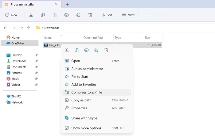 Creating an ZIP archive of an executable file. 