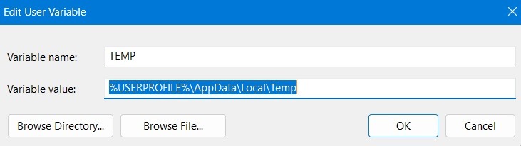 "Edit User Variable" screen under environment variables.