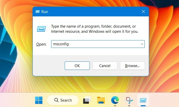 Typing "msconfig" in Run command menu.