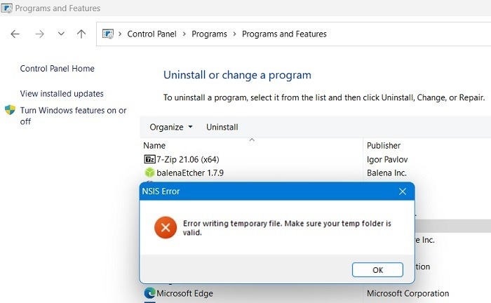 "Error writing temporary file. Make sure your Temp folder is valid" pop-up in Windows.