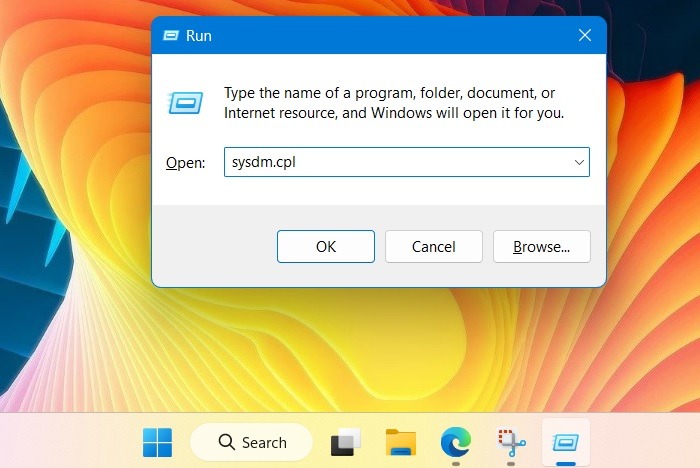 Typing sysdm.cpl in Run command to Open System Properties. 