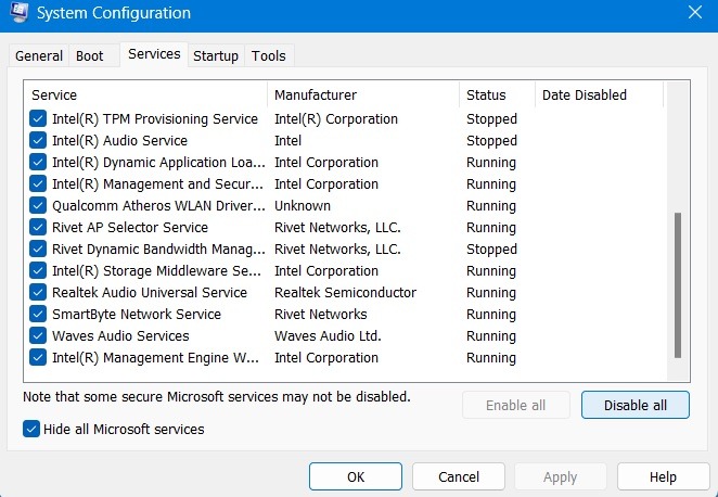 System Configuration window after restart.