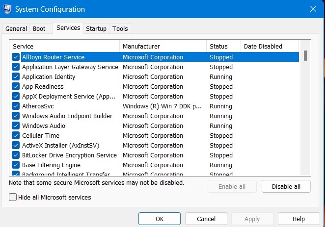 Service tab in System Configuration window. 