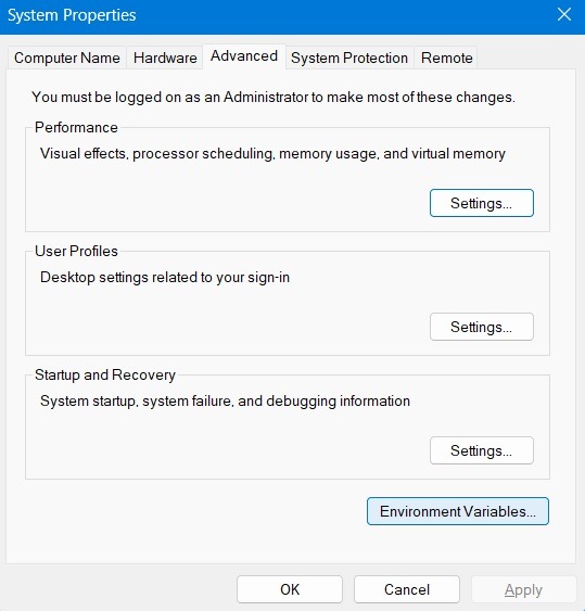 System Properties windows showing Environment Variables button.