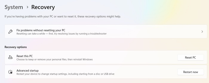 Recovery options for Windows PC.