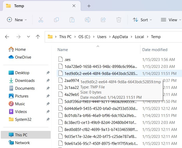 Temp folder view on Windows PC.