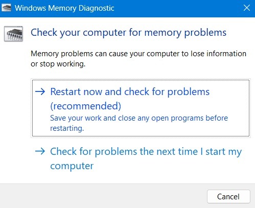 Restart option in Windows Memory Diagnostic pop-up.