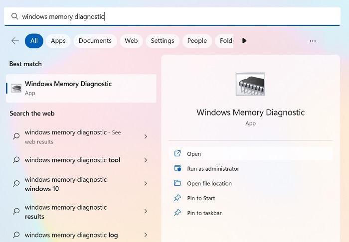 Windows Memory Diagnostic utility displayed in Search menu. 