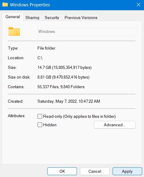 Windows Properties view with "Ready-only" option disabled.