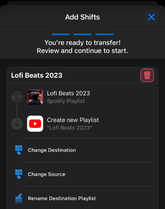 SongShift app view with Shift creation activated.