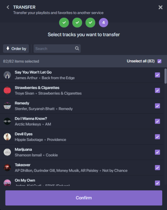 Soundiiz interface view playlist transfer initiated.