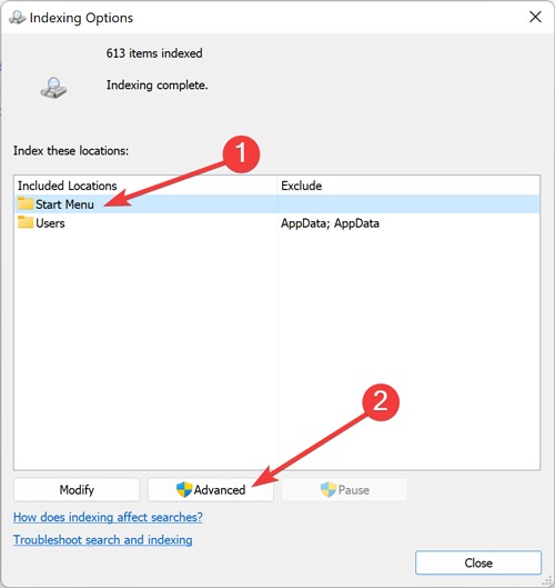 Folder selection in Indexing Options.