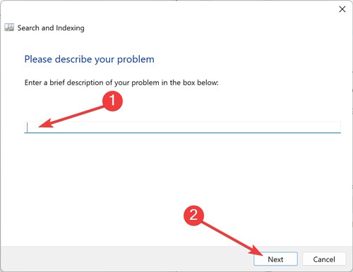 Describe issue for Search and Indexing Troubleshooter.