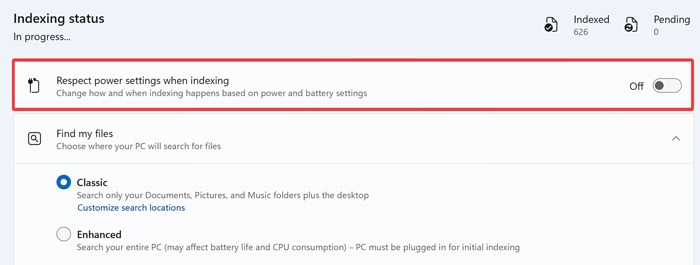 Disabling the "Respect power settings when indexing" option. 