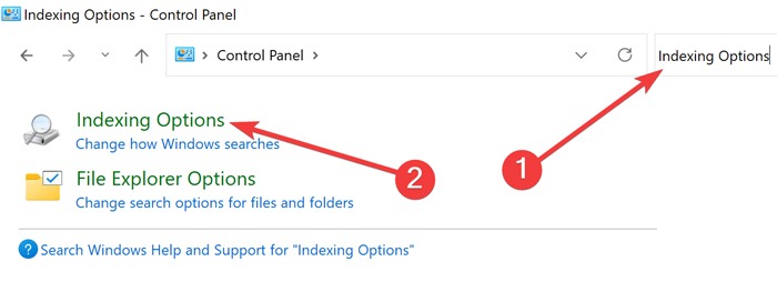 Searching for "Indexing Options" in Control Panel.