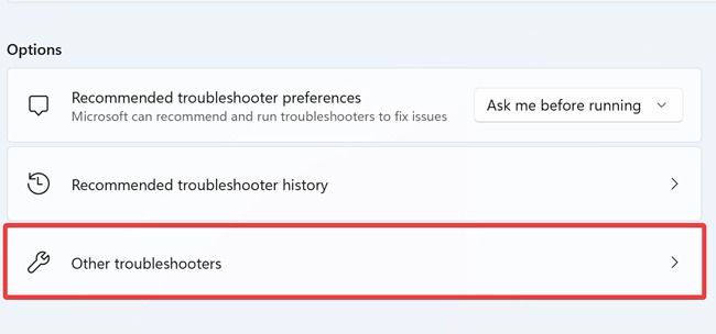 "Other troubleshooters" menu in Windows.