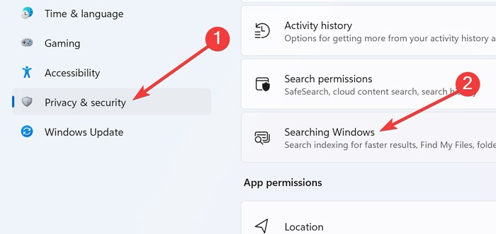 Opening up "Searching Windows" under the "Privacy & Security" menu.