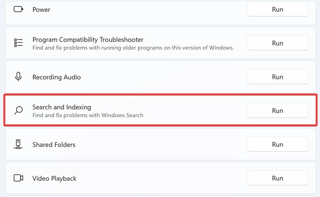 "Search and Indexing" troubleshooter in Windows Settings. 