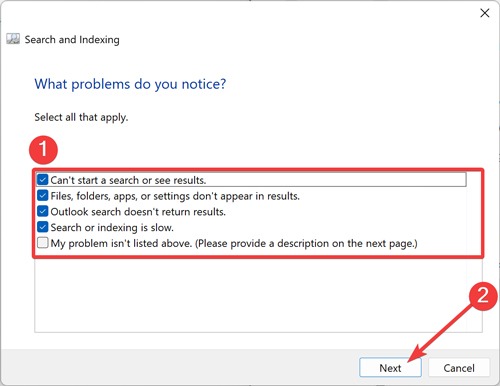 Issue selection in Search and Indexing troubleshooter.