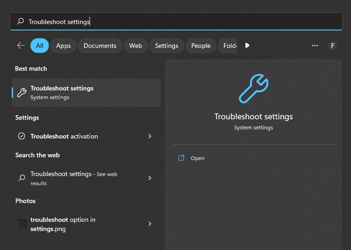 Using Windows Search to look for "troubleshoot settings."