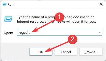 Run window executing "regedit" command.