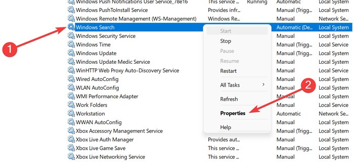 Properties function for "Windows Search."