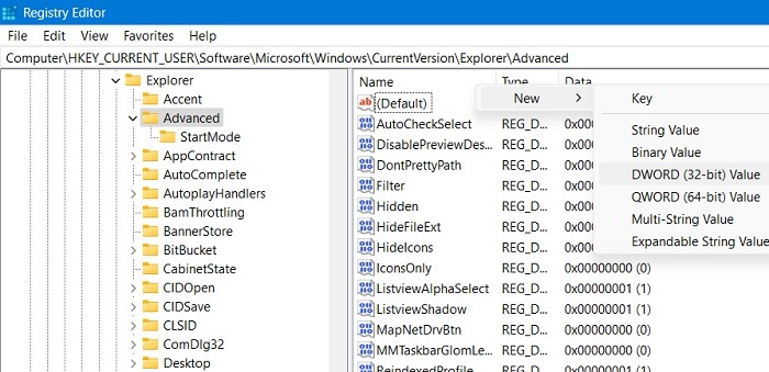 Windows Registry Hacks Windows Current Version Advanced New Dword Value