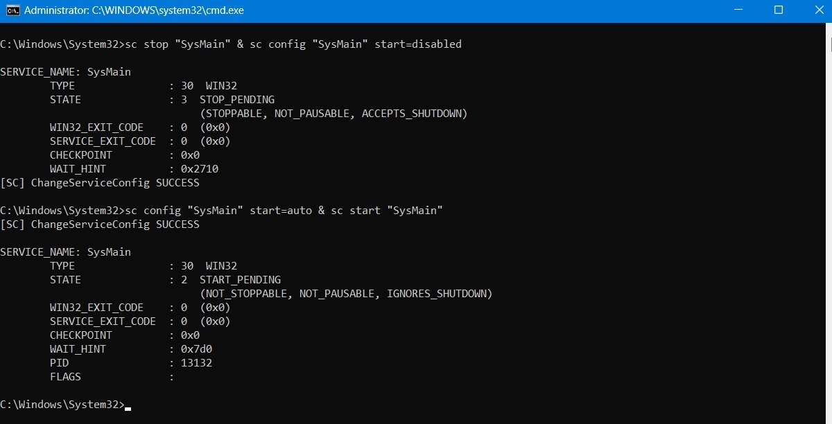SysMain disabled and enabled in Command Prompt Admin mode.