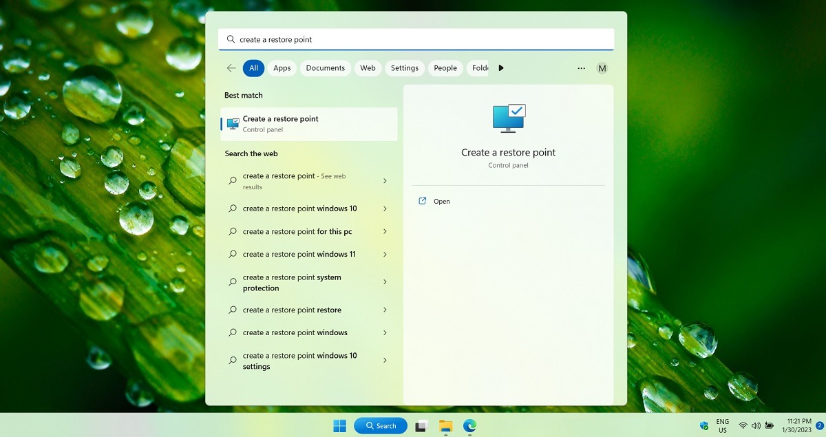 Create a Restore Point in Windows search menu.