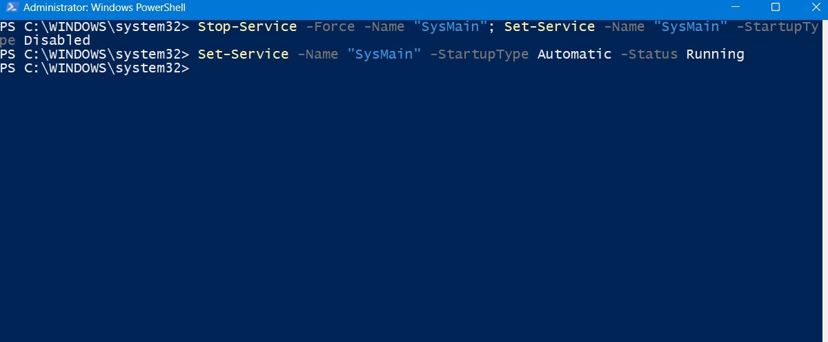 Disabling and enabling Superfetch in PowerShell Admin window.