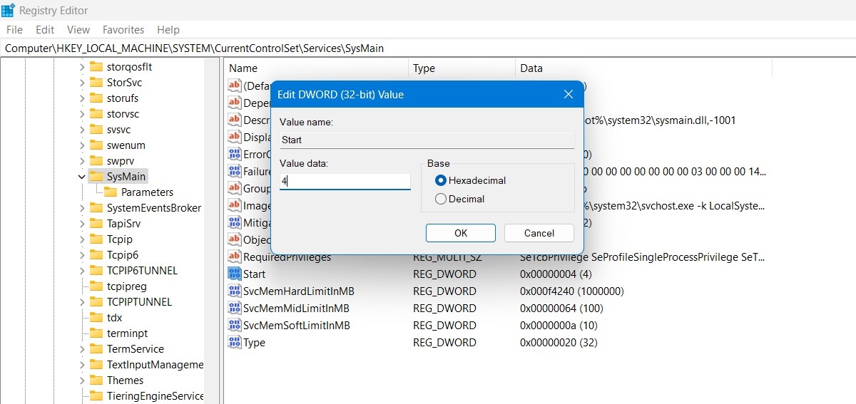Setting Start Value data as 4 for SysMain in Registry Editor. 