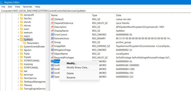 Modifying the Start value for SysMain in Registry Editor.