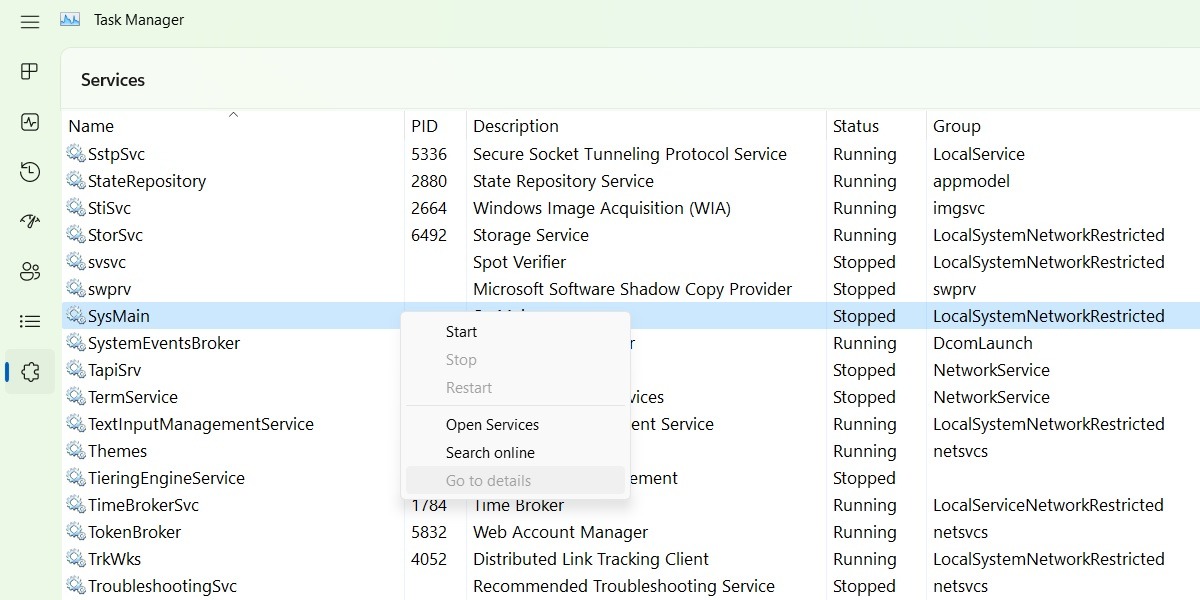 Go to details option disabled in SysMain service 