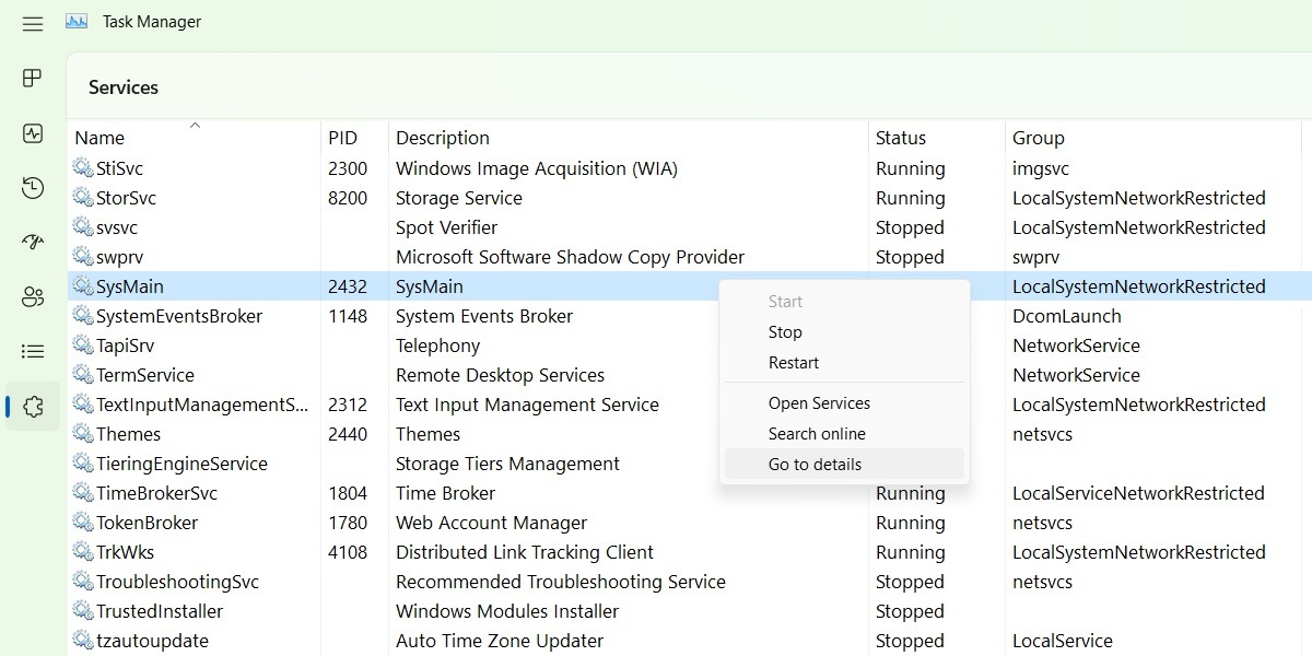 Right-click in Task Manager to view Go to Details for SysMain