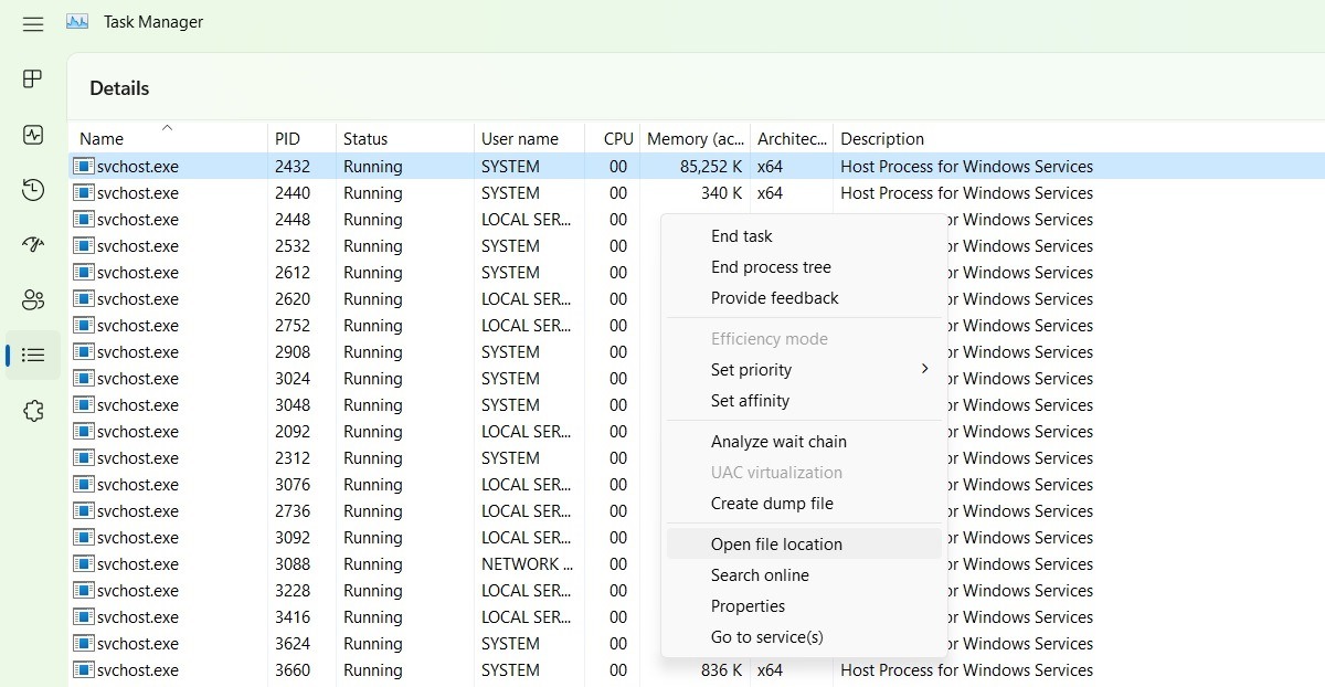 Open File Location from Task Manager for SysMain Service Host Process.