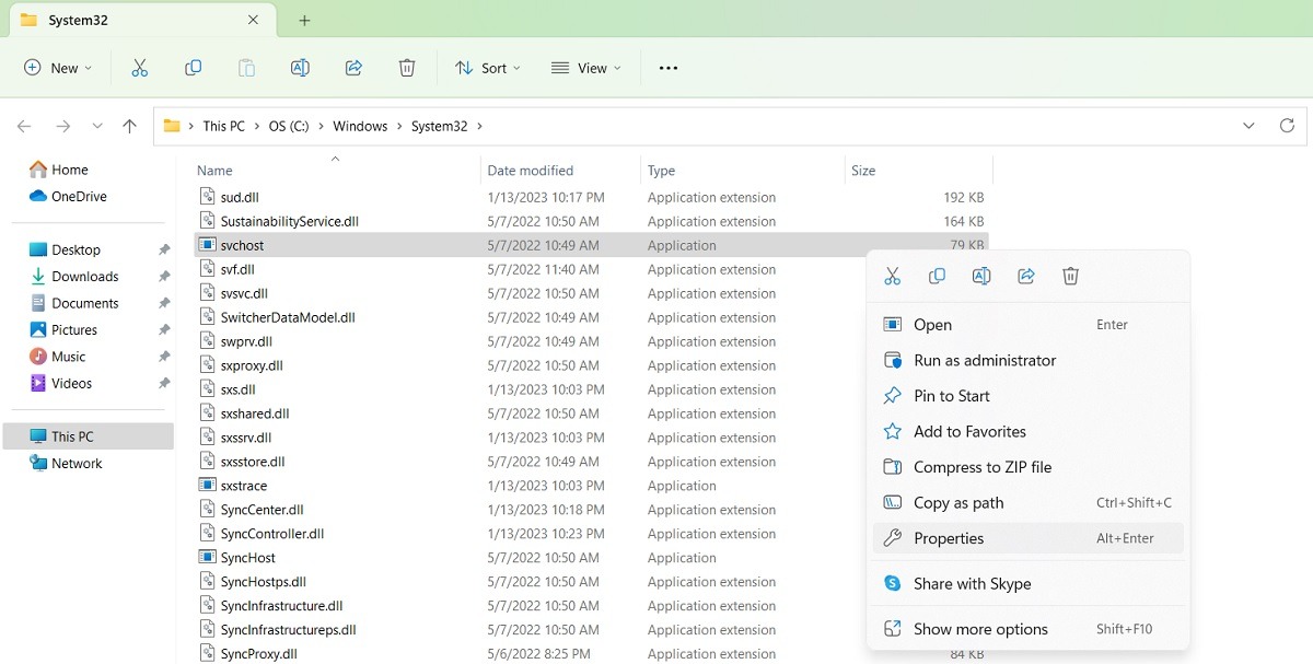 Service Host for SysMain in File Explorer and its Properties