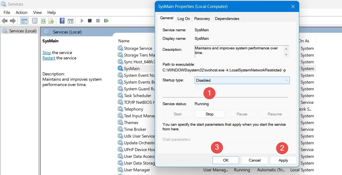 Steps for disabling the Startup type in SysMain Properties. 