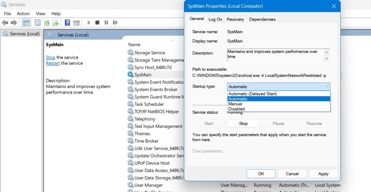 Startup  as Automatic in SysMain Services Properties