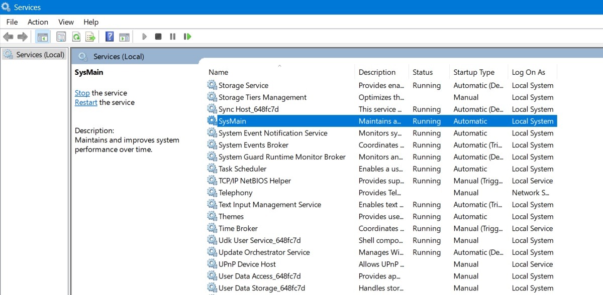 SysMain Running in Windows Services Manager window. 