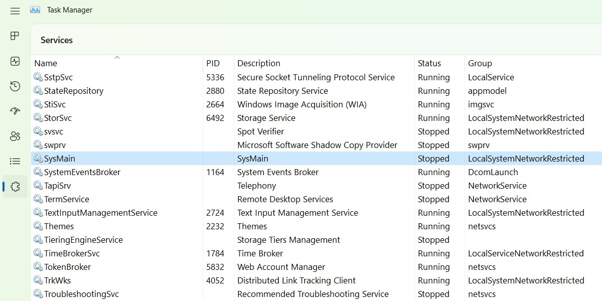 SysMain stopped status in Task Manager Services