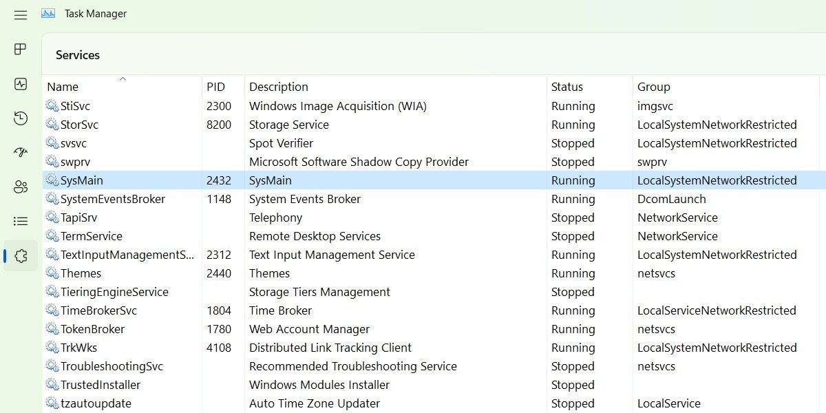 SysMain utility identified in Task Manager Services