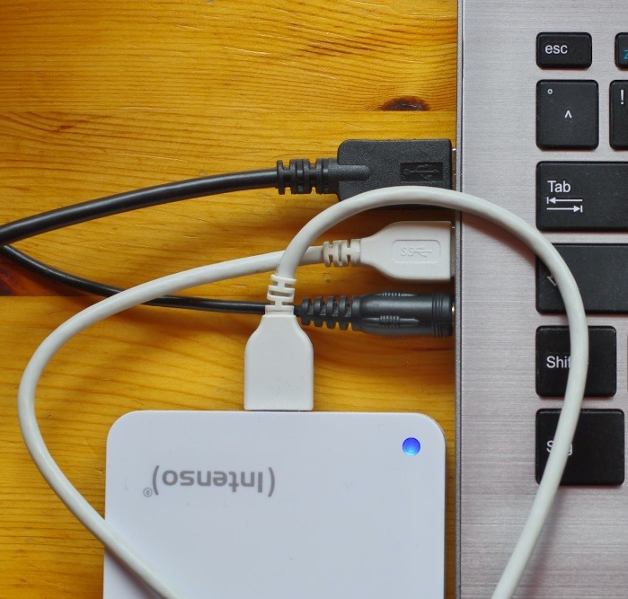 External devices connected to a laptop.