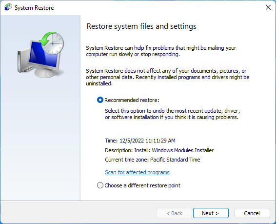 "System Restore" window with recommended restore option available. 